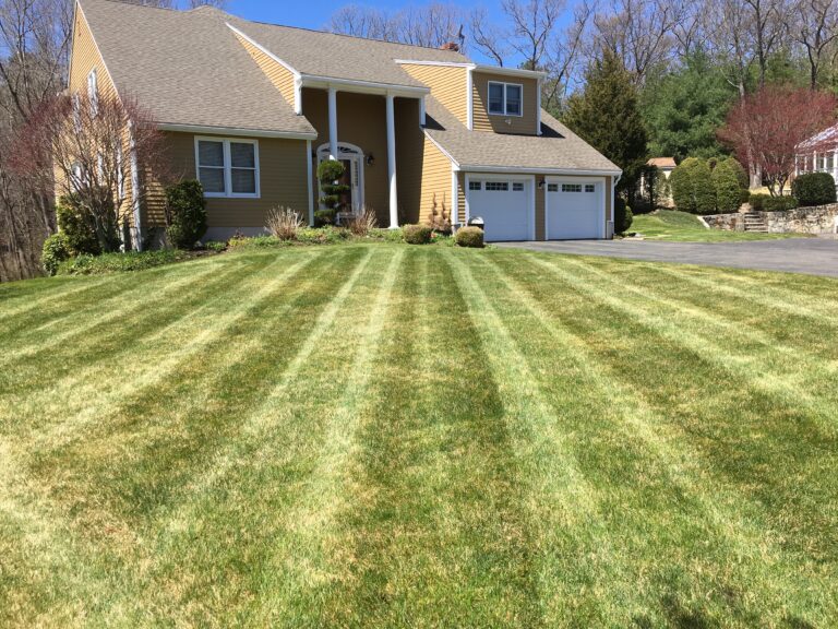 A house with a lawn that has been mowed.