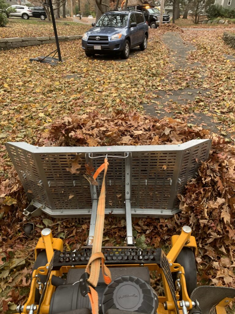 A leaf blower is being used to remove leaves from a driveway.