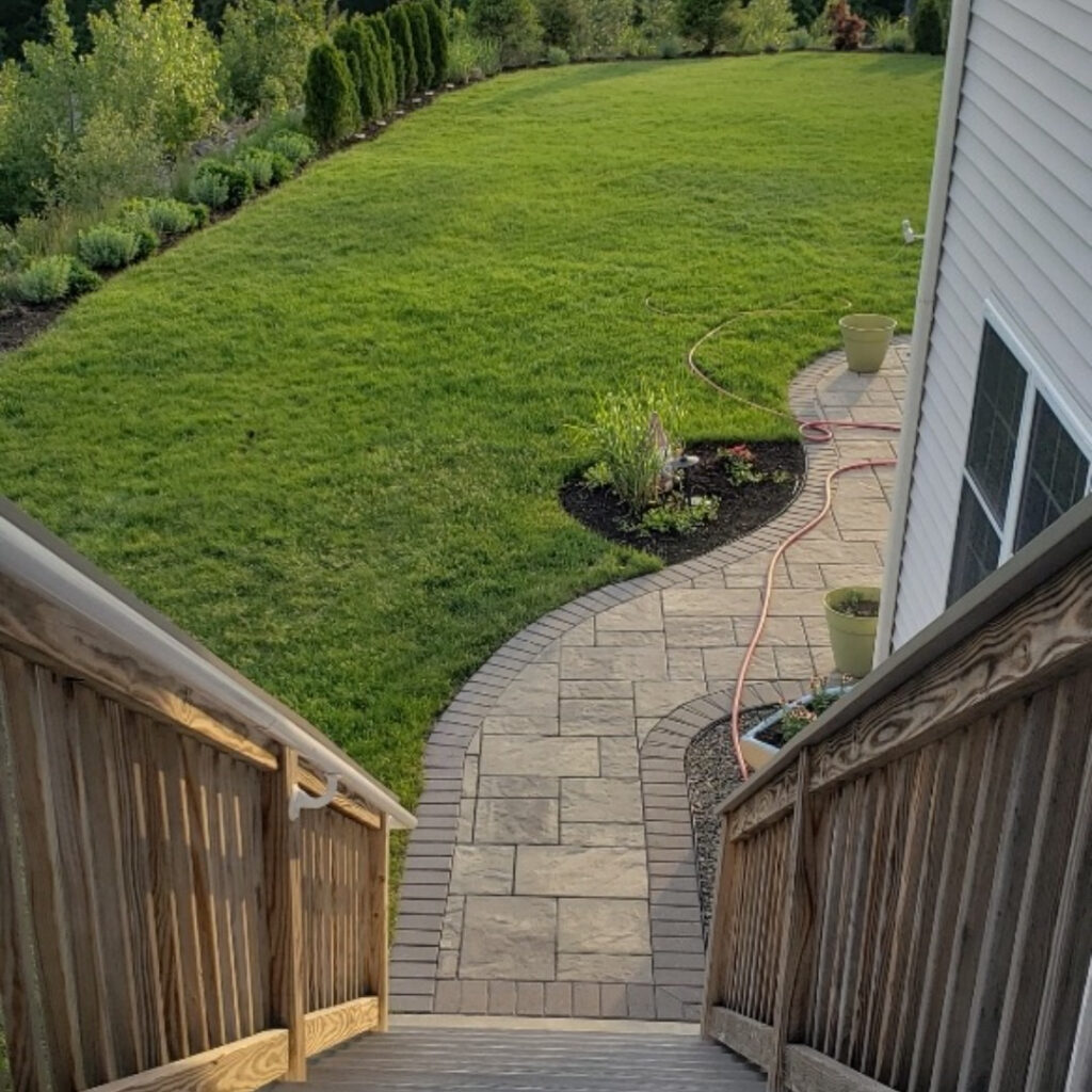 A pathway leading to a backyard with a grassy area that could benefit from lawn aeration service.
