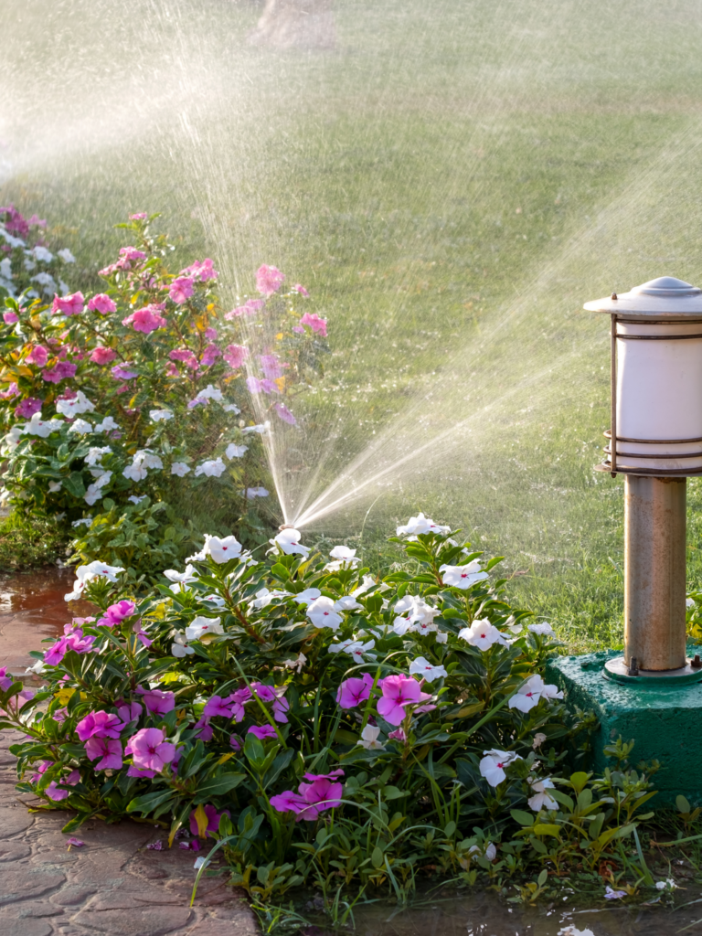 A sprinkler is spraying water on flowers in a garden.