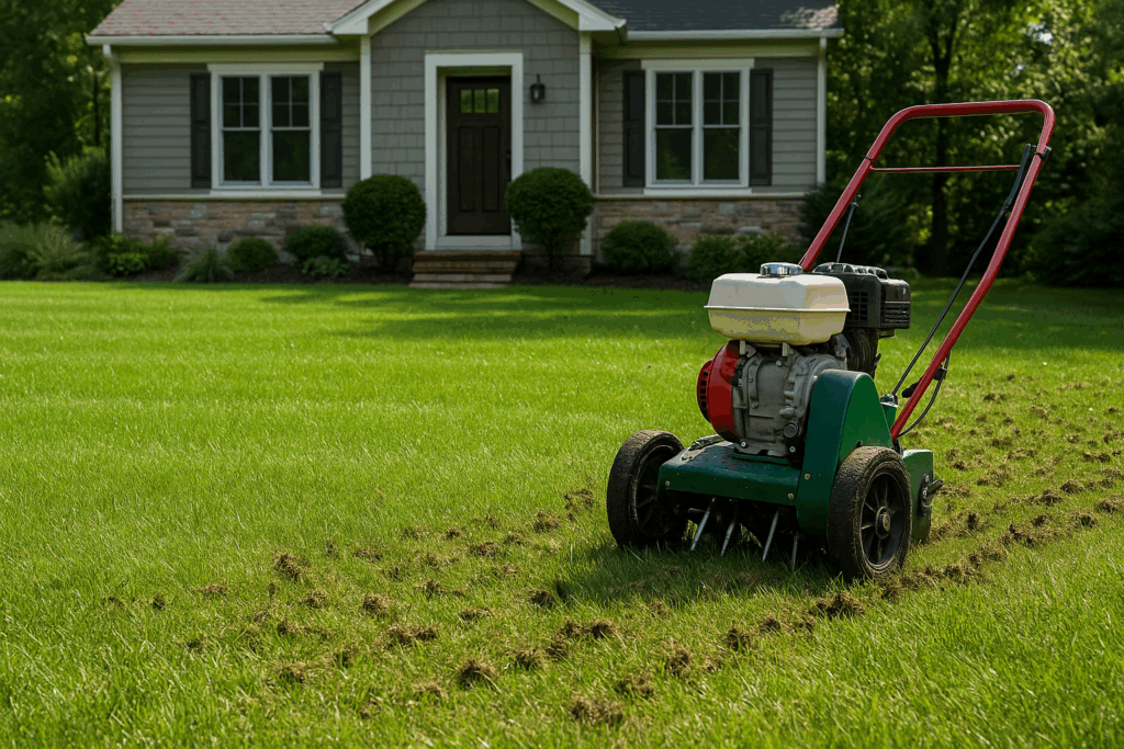A lawn aerator machine in use on a green yard in front of a house, creating rows of soil plugs as it moves across the grass.