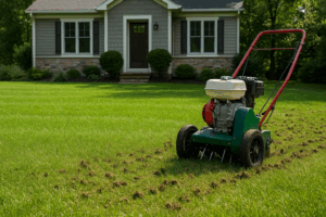 A lawn aerator machine in use on a green yard in front of a house, creating rows of soil plugs as it moves across the grass.