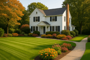 A white two-story house with black shutters, surrounded by neatly trimmed lawns, colorful flower beds, and mature trees on a sunny day.
