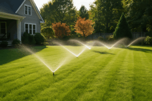 Sprinklers watering a neatly mowed green lawn in front of a house on a sunny day, with trees and a fence in the background.