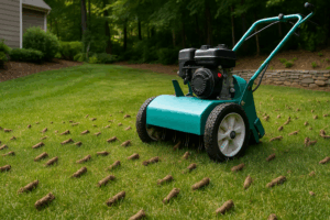 A lawn aerator machine on a grassy yard, surrounded by numerous soil plugs removed from the ground, with trees and a stone wall in the background.