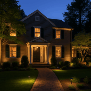 A two-story house with lit windows and exterior landscape lighting, a central front door with columns, brick walkway, and landscaped yard at dusk.