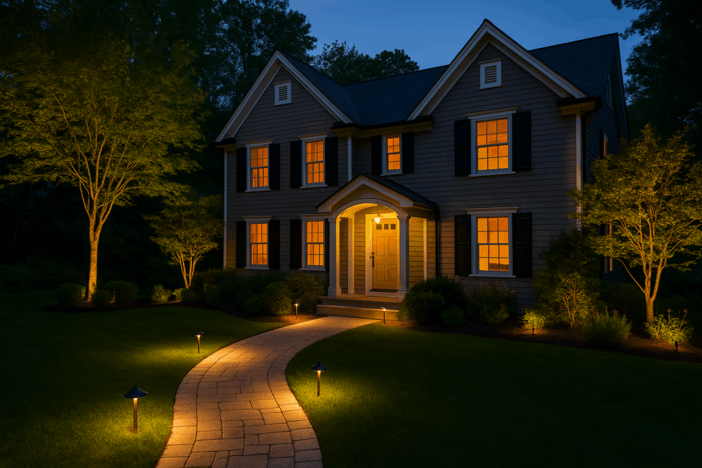 A two-story house with lights on inside and outdoor lighting illuminating the curved walkway, surrounded by trees and shrubs, leading to the front door at dusk.