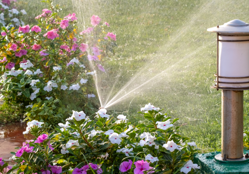 A garden with blooming purple, pink, and white flowers is being watered by a lawn sprinkler. There's a metal and glass lamp post on the right side of the image.